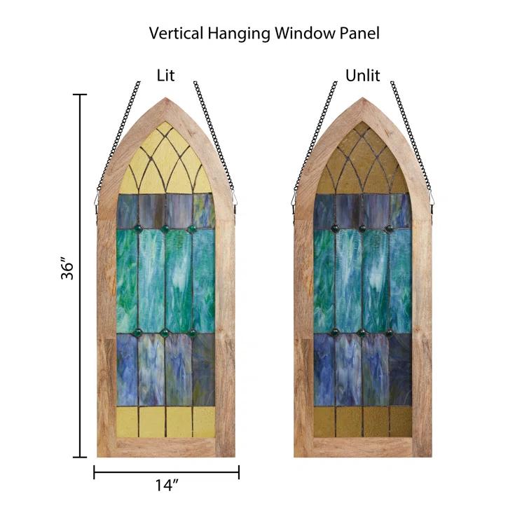 Loon Peak® 36"H Aqua Victorian Cathedral-Inspired Stained Glass Window Panel