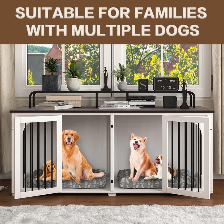 Tucker Murphy Pet™ 74.8" XXL Double Dog Kennel Furniture For Large Breed,Heavy Duty Wooden Dog Crate Cage Furniture Style With Storage Rack And Divider For 2 Dogs Indoor,White & Reviews | Wayfair