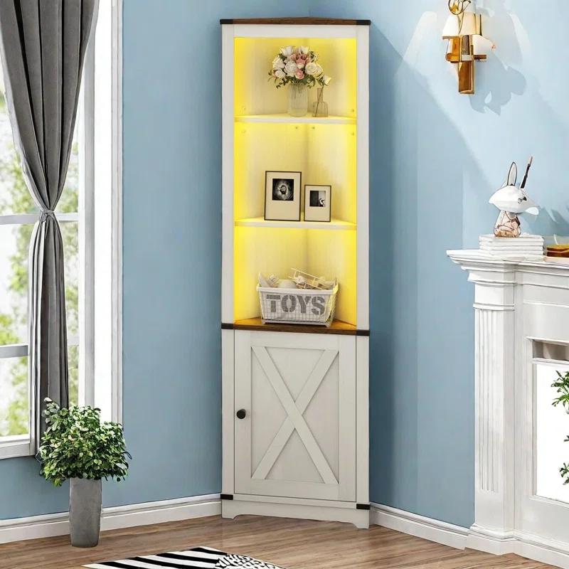 Gracie Oaks Aspenn 67" H Corner Bookcase with LED Light, Corner Storage Cabinet with Adjustable Shelf
