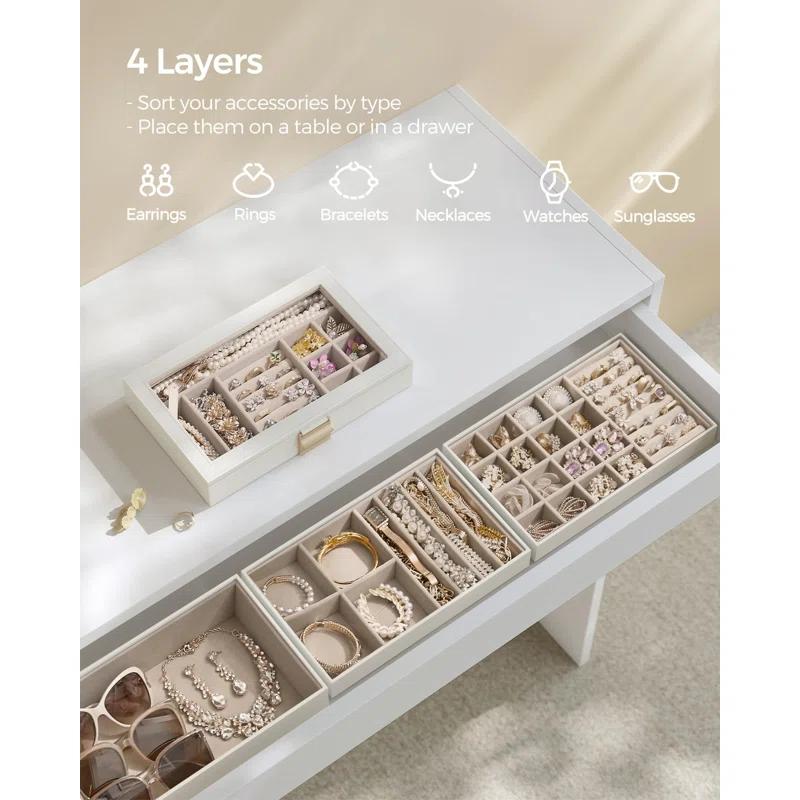 Latitude Run® Stackable Jewelry Trays, 4-Tier Jewelry Box, Drawer Jewelry Organizer, With Glass Lid, Removable Dividers, For Vanity Table, 6.7 X 11 X 7.2 Inches, Cloud White
