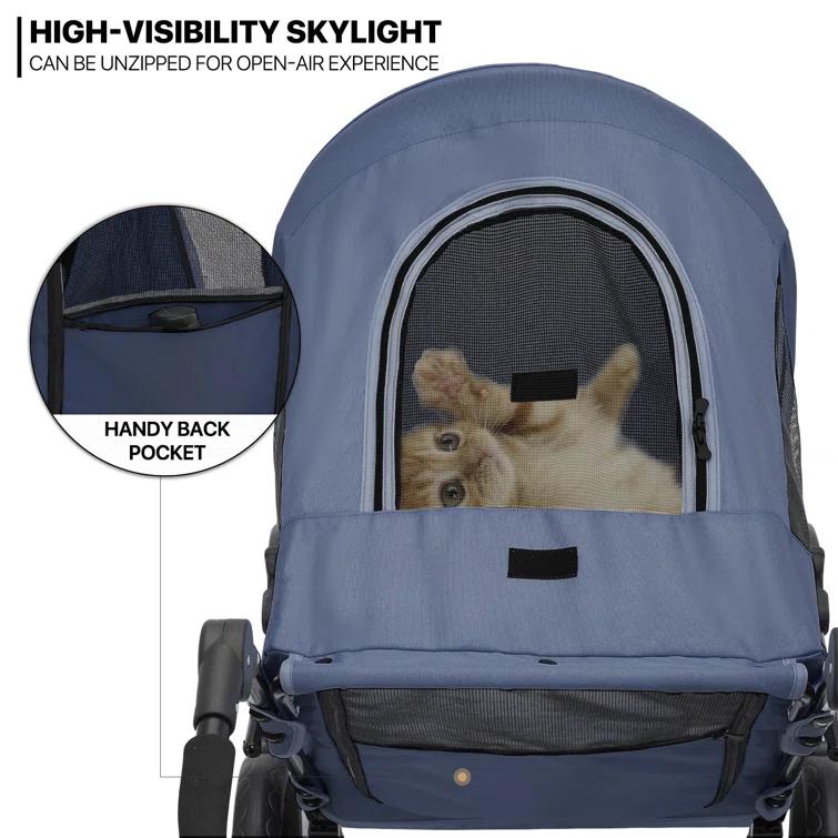 MoNiBloom Folding 3 Wheel Pet Stroller, Foldable Dog Jogger Stroller with Adjustable Handlebar and Mesh Window
