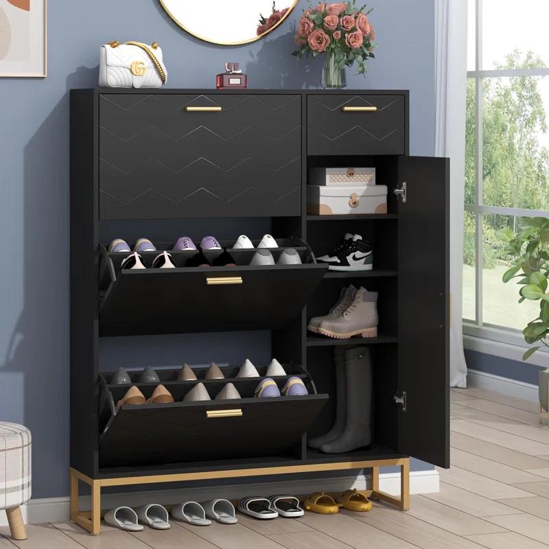 Everly Quinn Shoe Storage Cabinet, Free Standing Shoe Organizer with 3 Flip Drawers and Side Cabinet