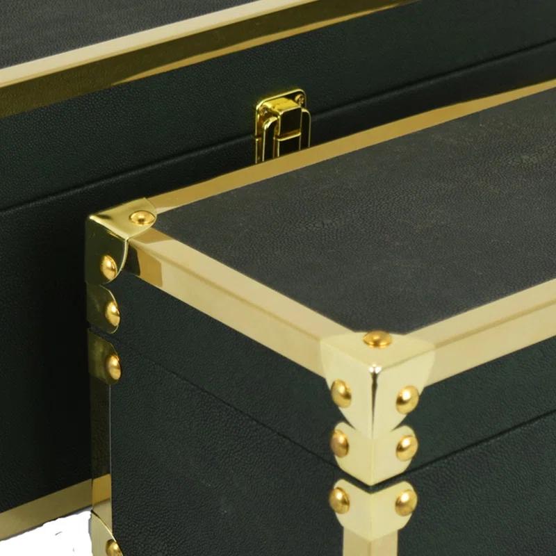 Benjara Mecca Storage Box Set of 2, Rivet Accents, Metal Trim, Wood