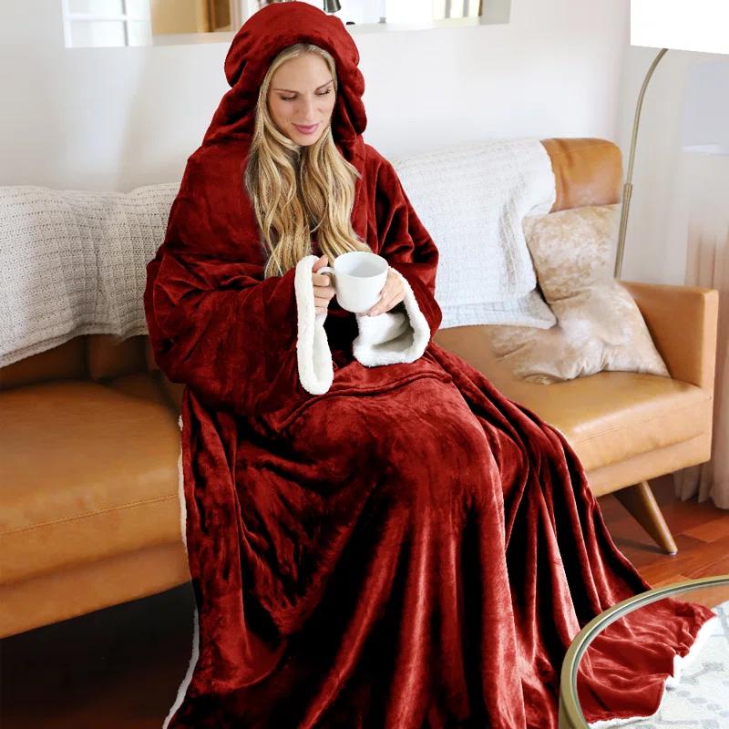 Tirrinia Hood Wearable Blanket for Adult Women and Men, Super Soft Comfy Warm Plush Throw with Sleeves TV Blanket Wrap Robe Hoodie Cover for Sofa, Couch 72" x 55"