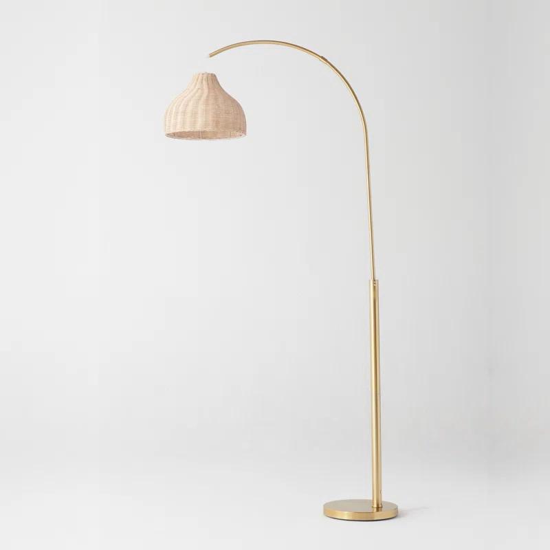 Brightech Lark 75 in. Weighted Base LED Arched Standing Floor Lamp with Boho Rattan Shade
