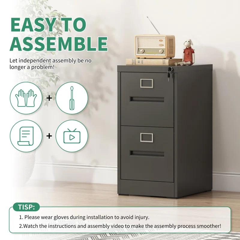 2 Drawer Metal Vertical File Cabinet with Lock for Home Office, A4/Letter/Legal Size, Assembly Required