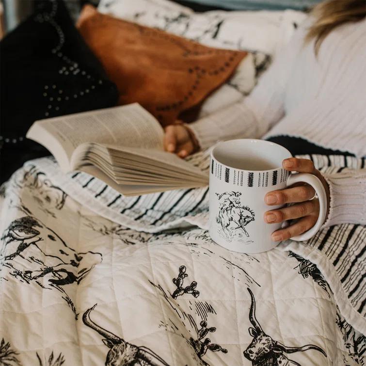 Paseo Road by HiEnd Accents Ranch Life White/Black Cotton Reversible Western Rustic Farmhouse 3 Piece Quilt Set