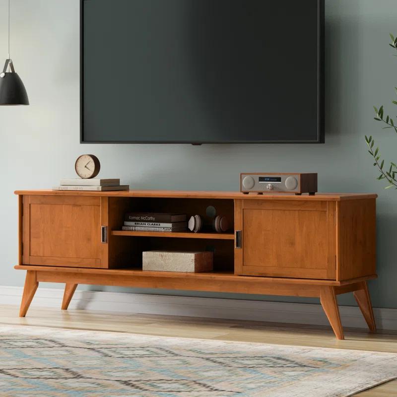 Simpli Home Draper 72"W Solid Hardwood Mid-Century Modern TV Stand for TVs up to 80" with Adjustable Shelves