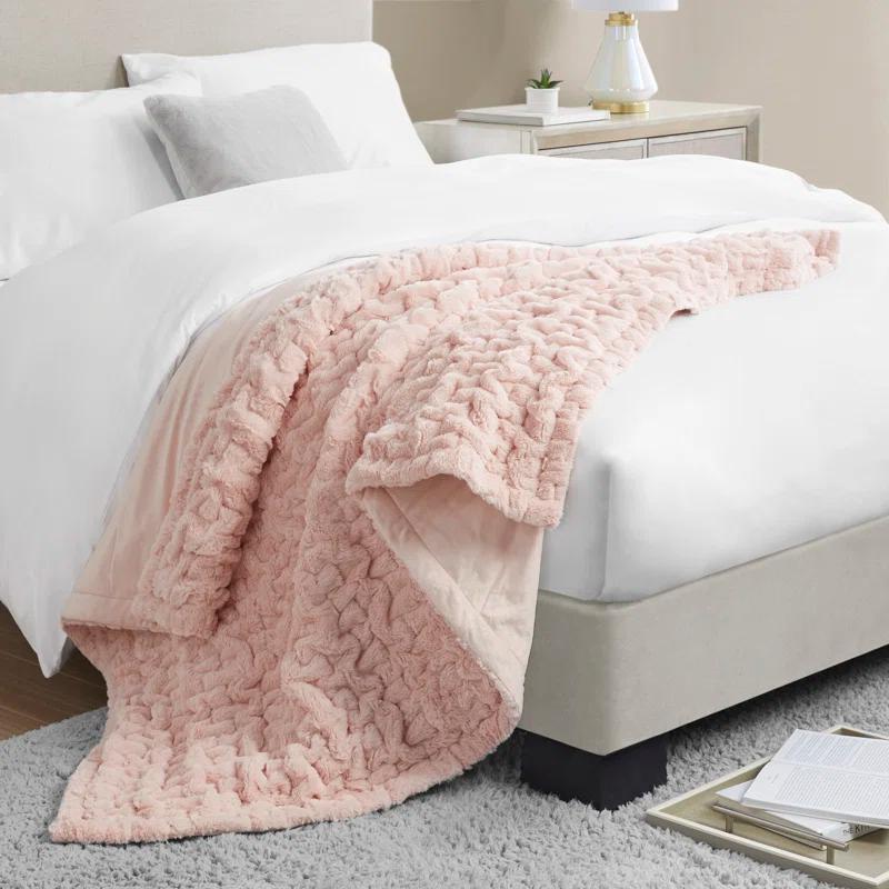 Madison Park Blush Ruched Fur Throw 50x60"