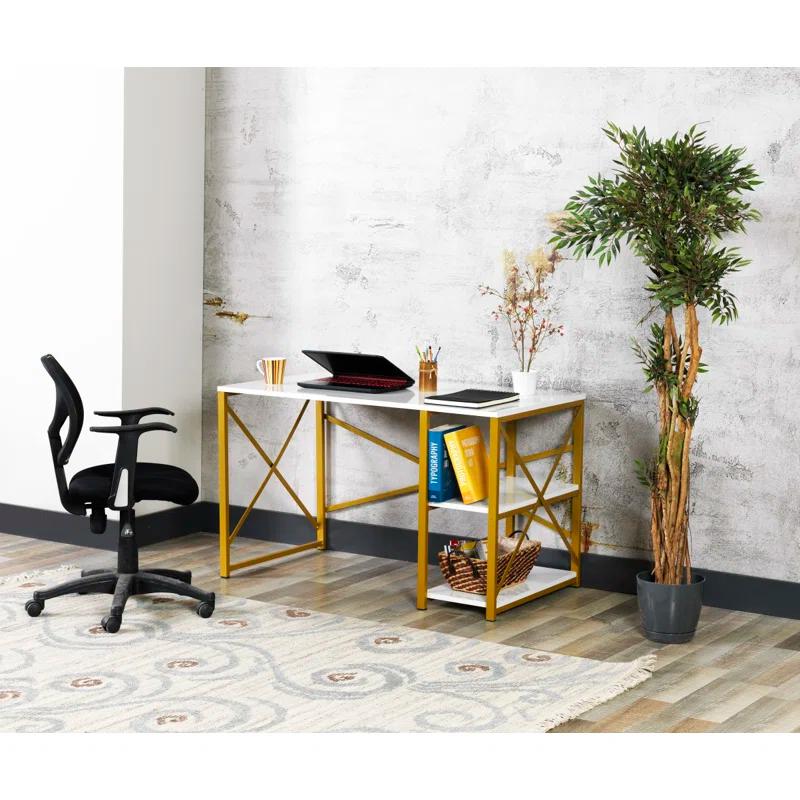 Sage Black Metal Frame 47" Wooden Top 2 Shelves Writing and Computer Desk for Home Office, Walnut