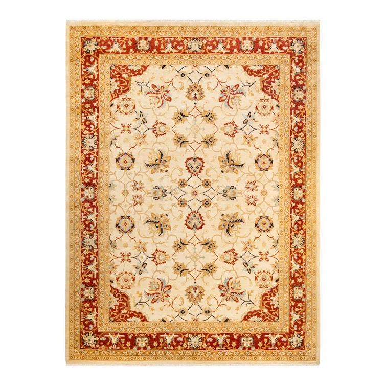 Eclectic Art Deco Ivory Wool 9' x 12' Hand-Knotted Area Rug