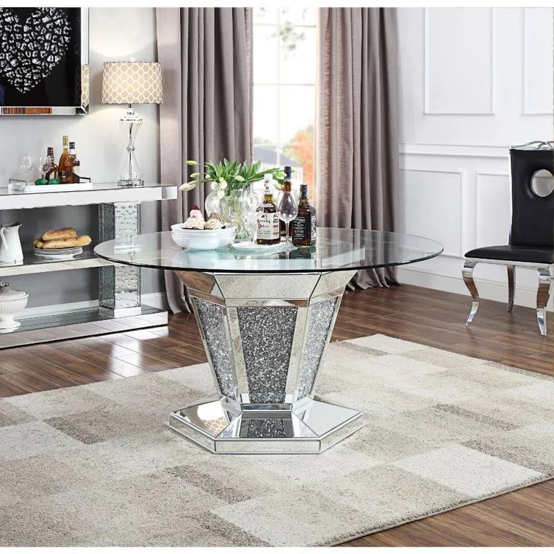 Everly Quinn Choi Round Glass Top Metal Base Dining Table