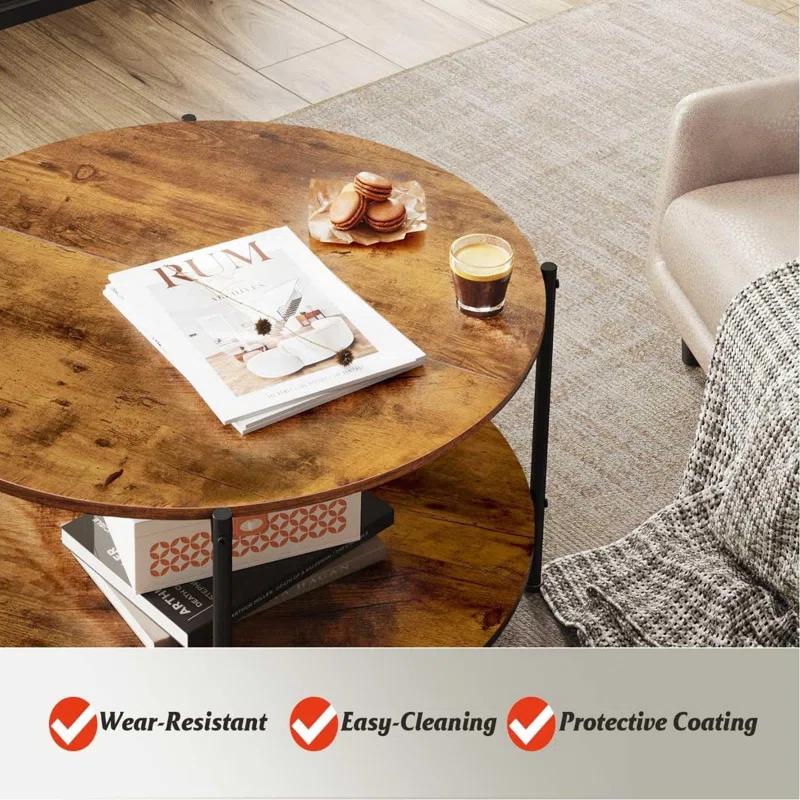 Round Coffee Table For Living Room, 32.6" Circle Coffee Table With Open Storage Shelf, 2-Tier Industrial Round Wood Center Table For Bedroom, Home Office, Rustic Brown