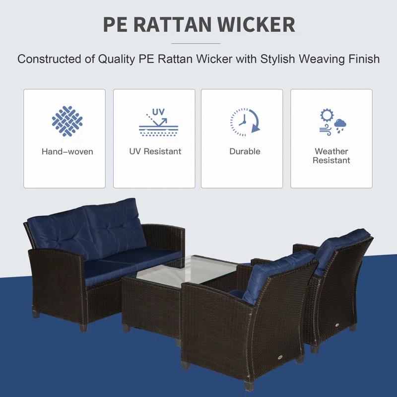 Outsunny 4-Piece Patio Furniture Set, Rattan Wicker Chair W/ Table, Outdoor Conversation Set With Cushion For Backyard, Porch, Or Garden, Blue