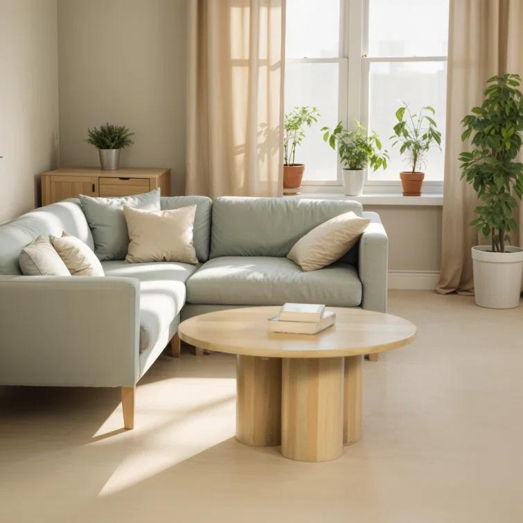 The Urban Port Hazel Coffee Table with 3 Pillar Legs, 35.5 Inch Round Top, Natural Brown Mango Wood