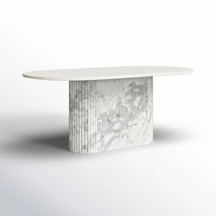 Polished White Marble Oval Dining Table with Fluted Base