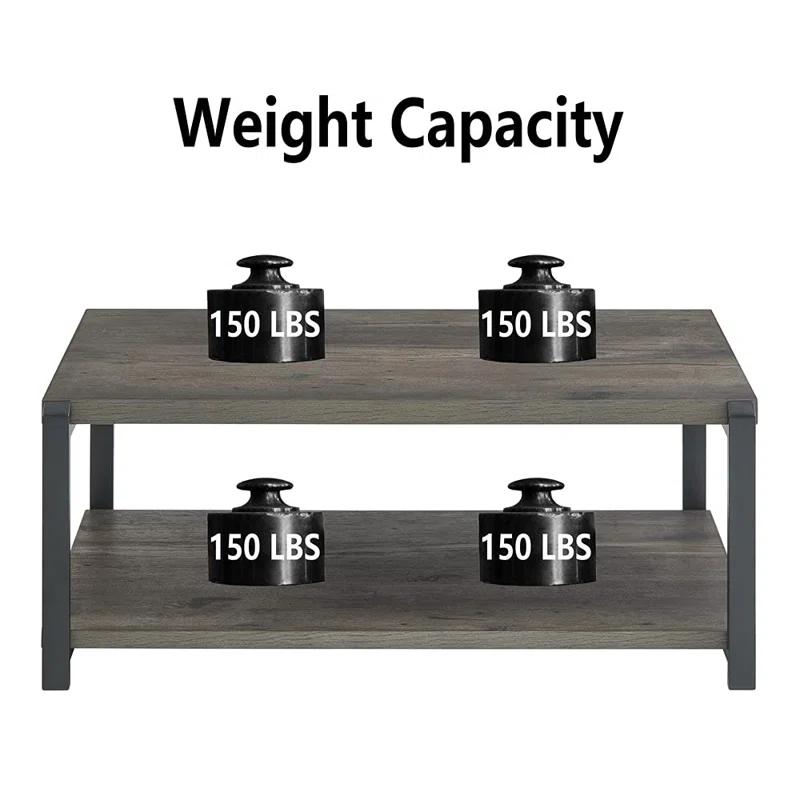 17 Stories Coffee Table With Storage Shelf, Rustic Wood And Metal Cocktail Table For Living Room, Grey