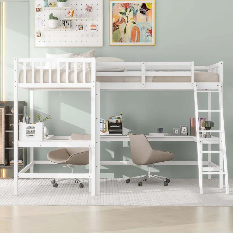 Blendoi Brooke Wood Twin Size L-Shaped Loft Bed with Ladder and 2 Built-in L-Shaped Desks, White