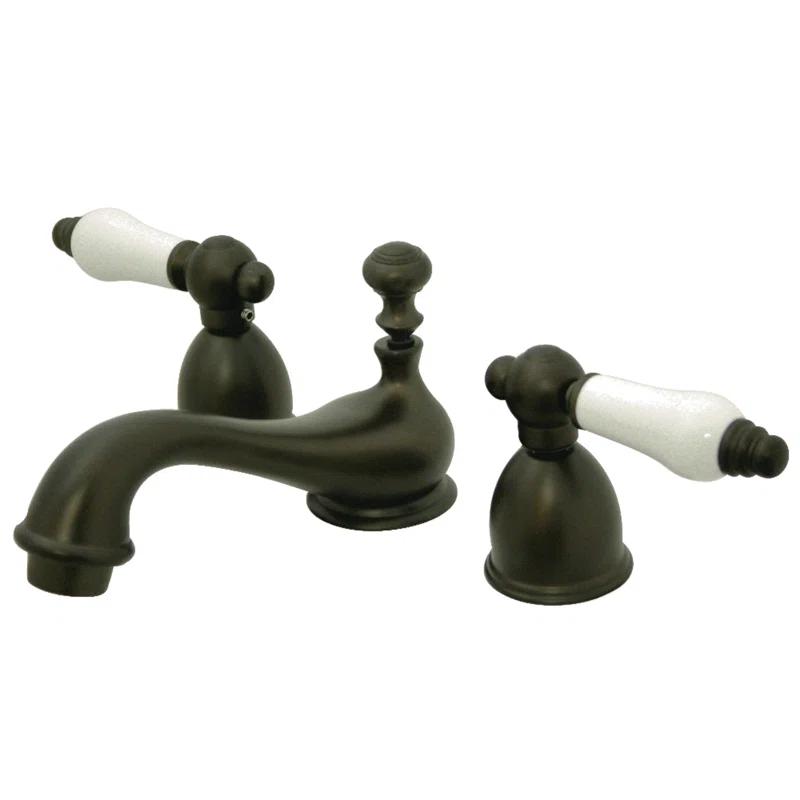 Kingston Brass Restoration Two-Handle 3-Hole Deck Mount Mini-Widespread Bathroom Faucet with Brass Pop-Up