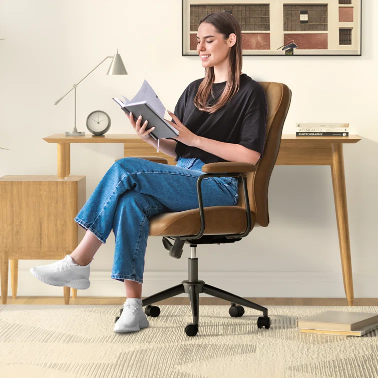 Latitude Run® Mid Century Modern Office Chair, Vintage Leather Desk Chair With Wheels and Arms, Home Office Task Chair