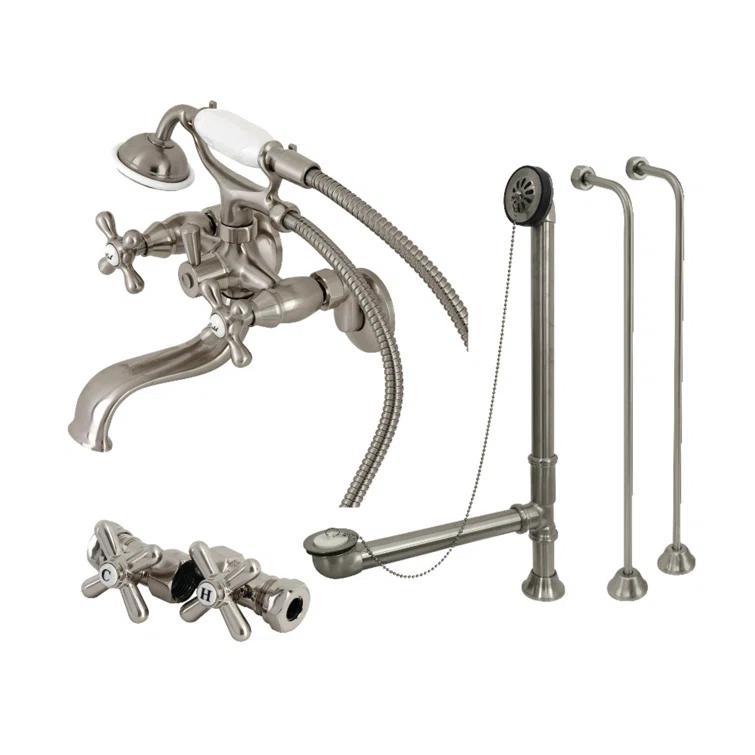 Kingston Brass Kingston Brass Vintage Three-Handle 2-Hole Tub Wall Mount Clawfoot Tub Faucet Package with Supply Line, Hand Shower and Tub Drain CCK225SN