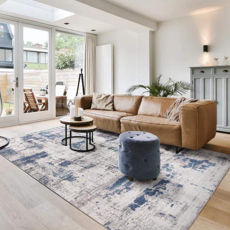 Gertmenian Gertmenian Crystal Print Cenis Blue Ivory Cream Washable Flat Pile Modern Abstract Indoor Area Rug