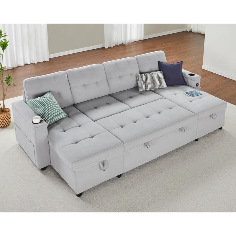 Light Grey Tufted Sleeper Sofa with Storage and Cup Holder