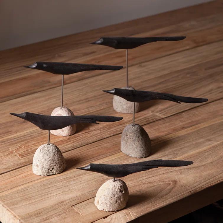 Black Palilo Wood and Iron Bird Sculpture Set