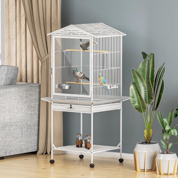 Bring Home Furniture Open Top Bird Cage with Play Area Removable Tray Wooden Perches, and Wheels Suitable for Small Birds Like Budgies Cockatiels and Parakeets