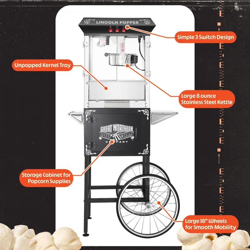 Great Northern Popcorn Lincoln Popcorn Machine with Cart - 8oz Popper with Stainless-Steel Kettle by Great Northern Popcorn