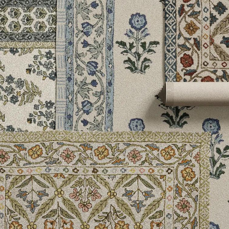 Handmade Tufted Blue Wool and Viscose Floral 8' x 10' Area Rug