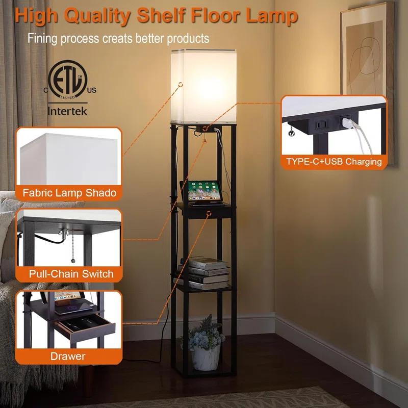 Latitude Run® Modern Corner Floor Lamp With 4-Tier Shelves, USB Charging Ports, Power Outlet & Drawer, Adjustable LED Light, Black Wooden Standing Lamp For Living Room, Bedroom, Office