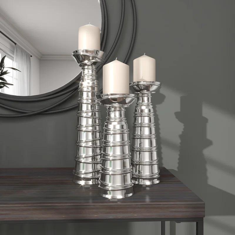 Mercer41 Ceramic Abstract Wrapped Decorative Silver Candle Holder Set