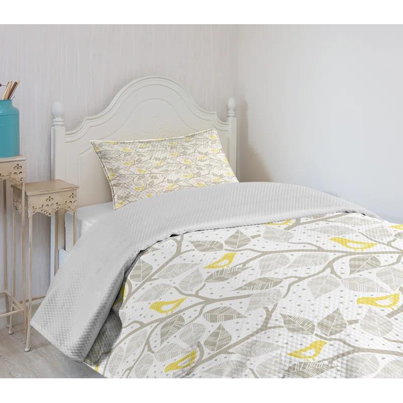 Ambesonne Ambesonne Grey and Yellow Bedspread Set Tree and Birds Grey Yellow and White