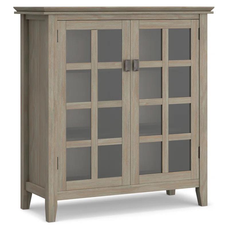 Simpli Home Artisan 38"W Solid Wood 4-Shelf Medium Storage Cabinet with Glass Doors and Adjustable Shelves