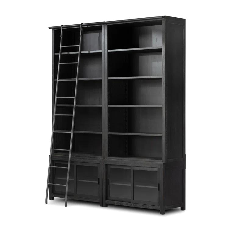 Worn Black Oak Double Bookcase with Iron Ladder