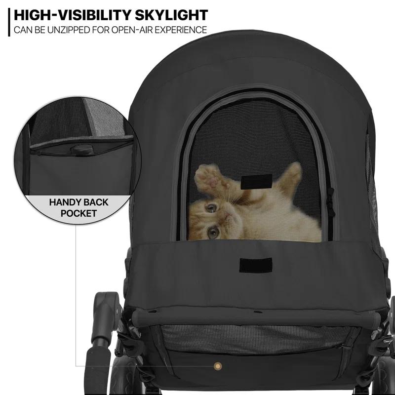 Folding 3 Wheel Pet Stroller, Foldable Dog Jogger Stroller with Adjustable Handlebar and Mesh Window