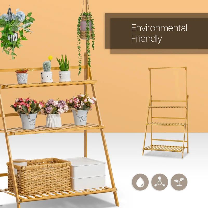 Bamboo 3 Tier Plant Stand Triangular Flower Pot Holder With Hanging Basket