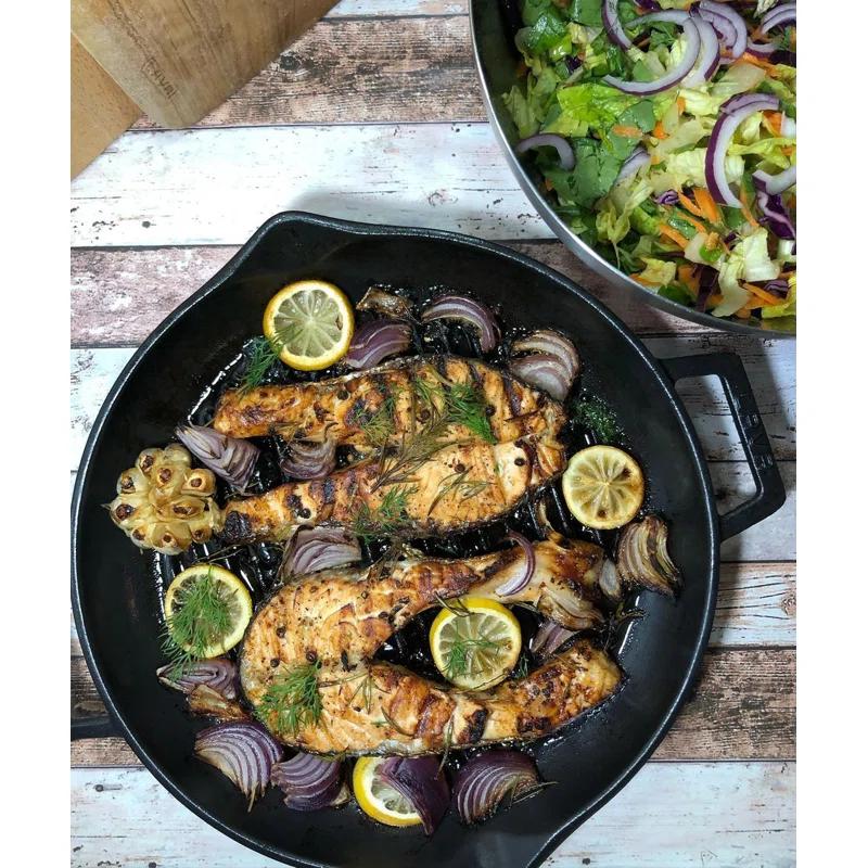 LAVA CAST IRON Lava Enameled Cast Iron Grill Pan 11 inch-Radial Pattern Pan with Pour Spouts Round Black