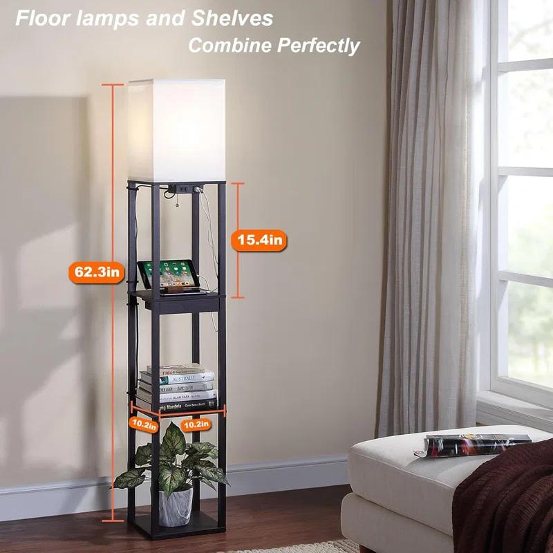 Latitude Run® Modern Corner Floor Lamp With 4-Tier Shelves, USB Charging Ports, Power Outlet & Drawer, Adjustable LED Light, Black Wooden Standing Lamp For Living Room, Bedroom, Office