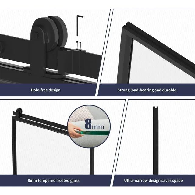 TREEBLING 84" Metal and Glass Sliding Barn Door with Two-Way Soft Close and Installation Hardware Kit