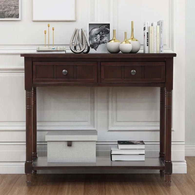 Alcott Hill® Wood Console Table with Two Drawers, Bottom Shelf