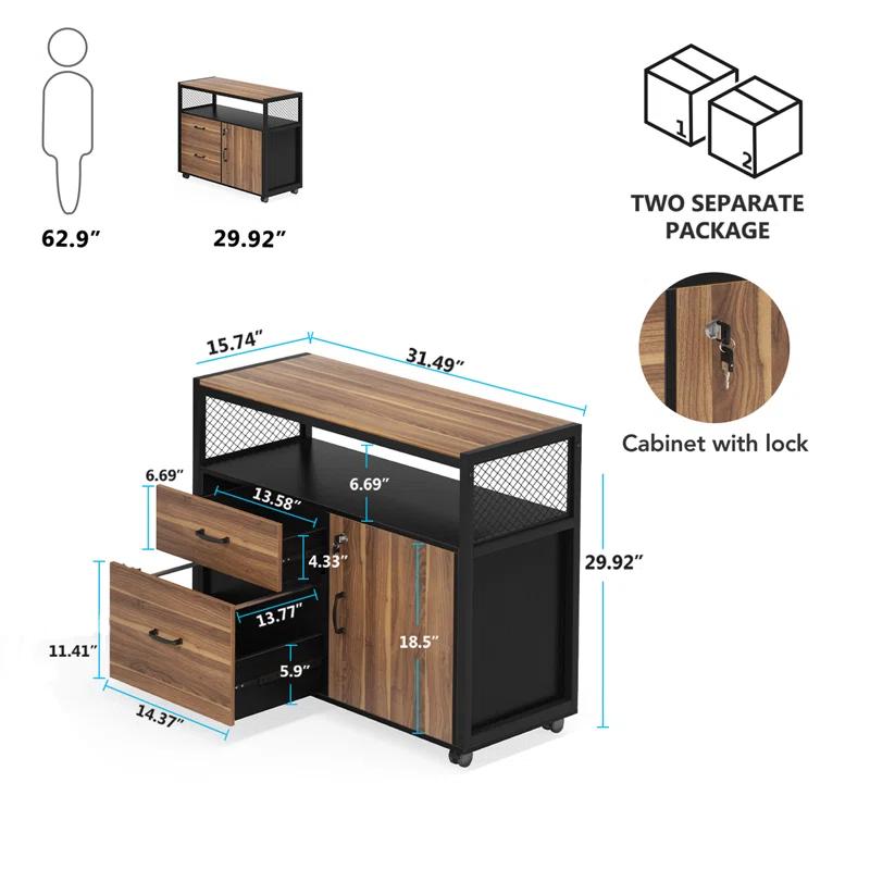 XDYZ 15.74"W X 29.92"H Mobile 2 Drawer File Cabinet With Doors