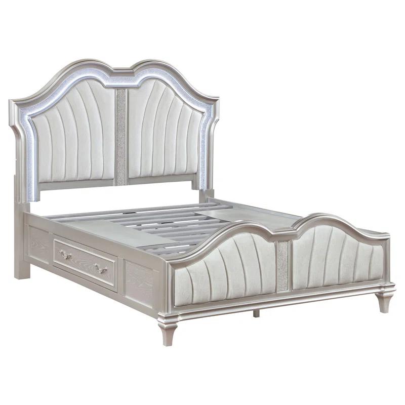 Benjara Nive Bed, LED Arch, Ivory Upholstery, Storage, Silver