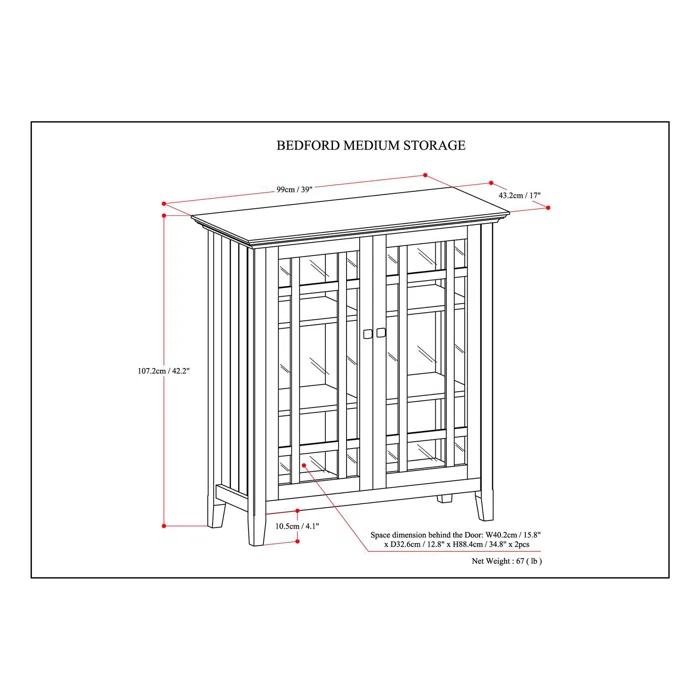 Simpli Home Bedford 39"W Solid Wood 4-Shelf Medium Storage Cabinet with Glass Doors and Adjustable Shelves