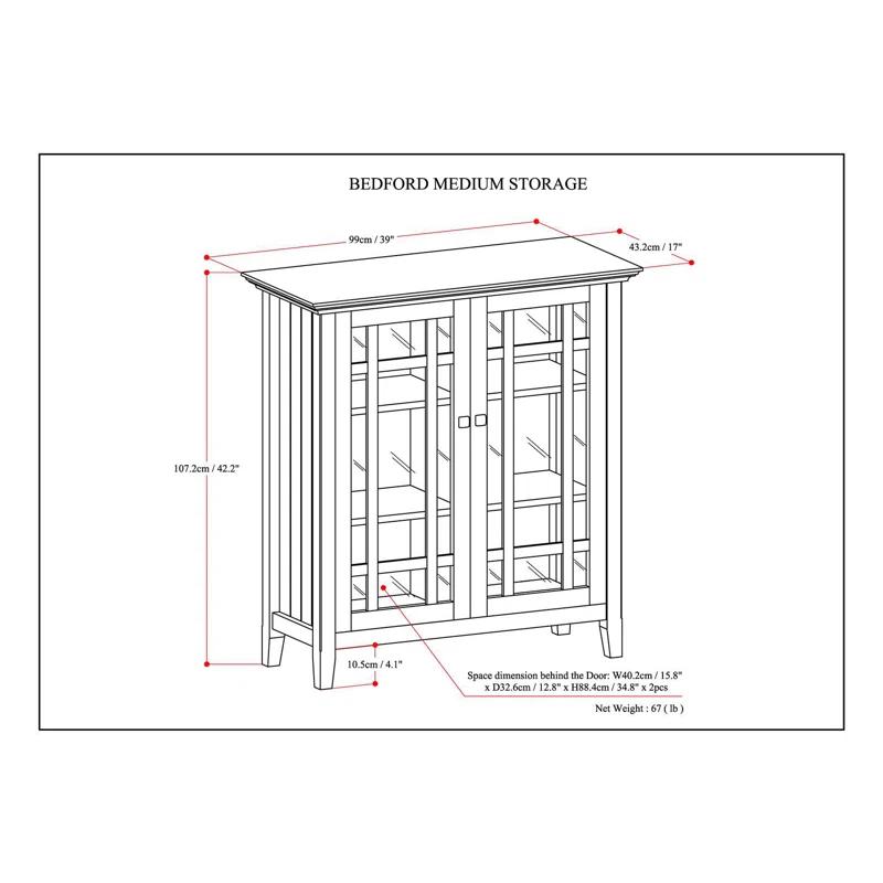 Simpli Home Bedford 39"W Solid Wood 4-Shelf Medium Storage Cabinet with Glass Doors and Adjustable Shelves