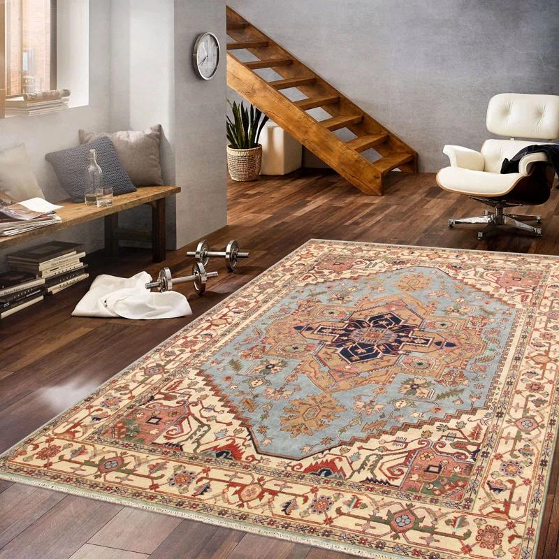 Serapi Hand-Knotted Wool Oriental Area Rug in Light Blue/Ivory/Navy/Yellow