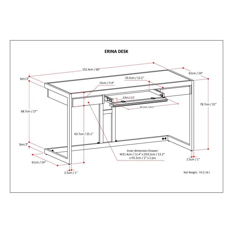 Simpli Home Erina Solid Acacia Wood Desk, Industrial Style with Keyboard Tray and 2 Drawers
