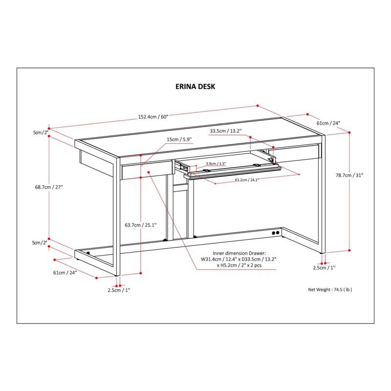 Simpli Home Erina Solid Acacia Wood Desk, Industrial Style with Keyboard Tray and 2 Drawers