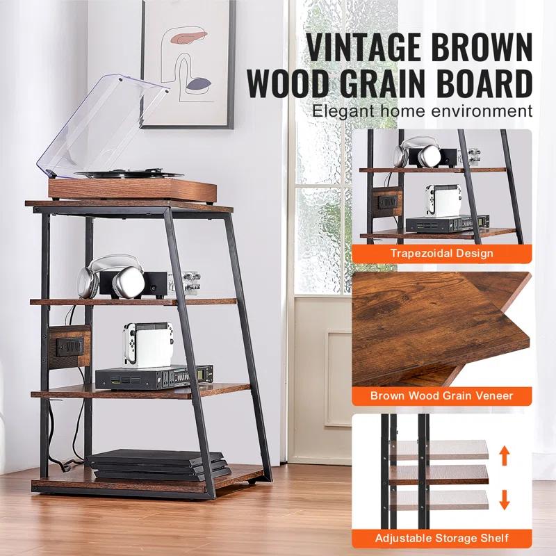 VEVOR 4-Tier AV Media Stand with Power Strips, Corner TV Stand with LED Lights, Height Adjustable Wooden Shelves